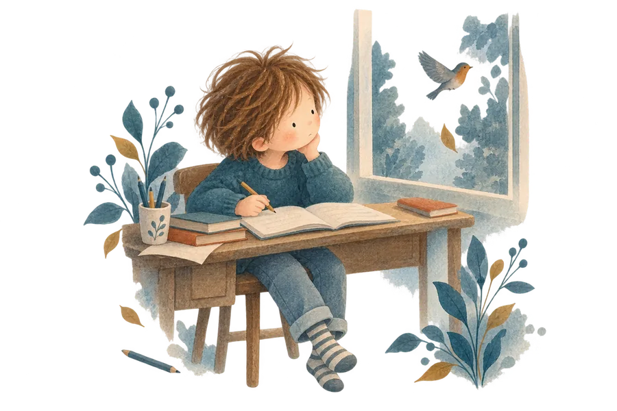 A child at a desk with an open book, chin on hand, watching a bird through the window