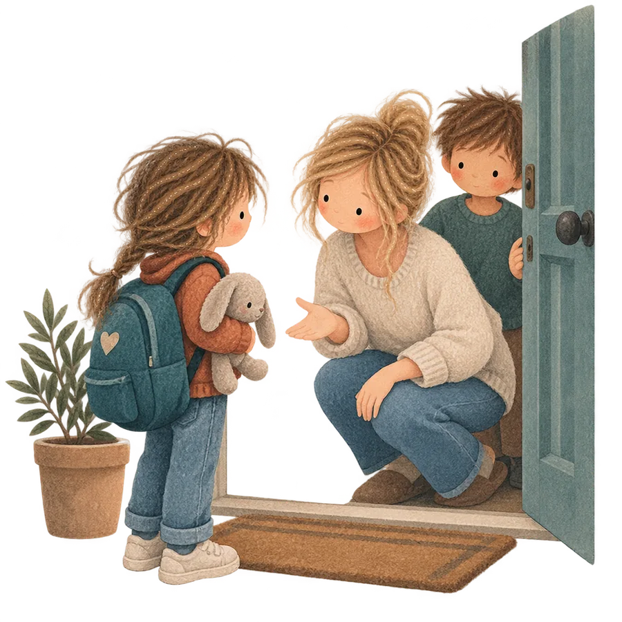 A child with a backpack and a soft rabbit being welcomed at a front door by a woman crouching down and a boy behind her
