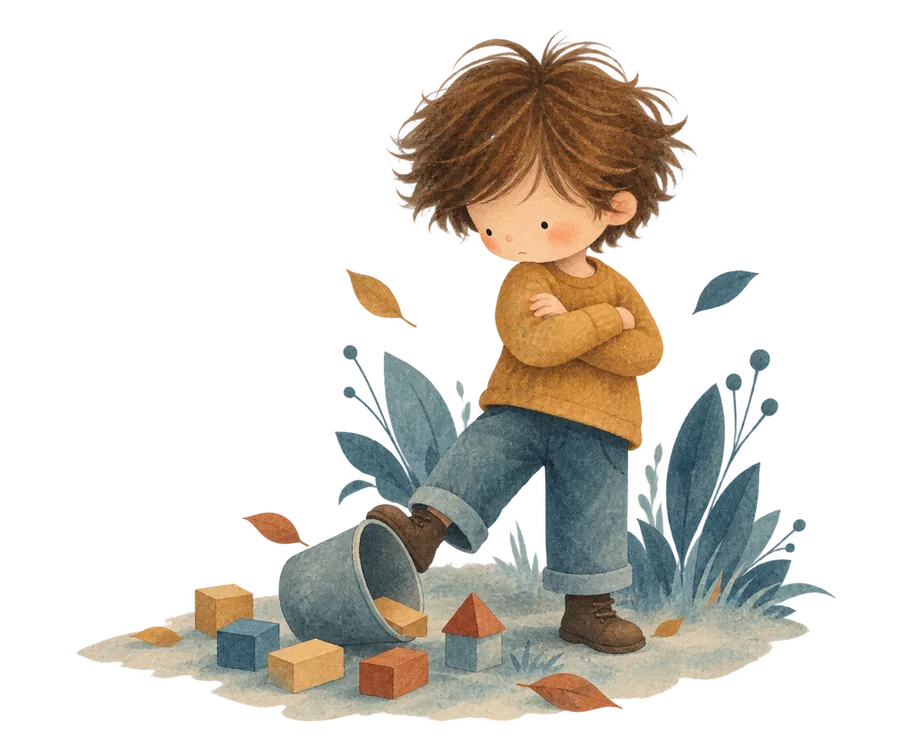 A small boy with folded arms, kicking over a bucket of wooden blocks