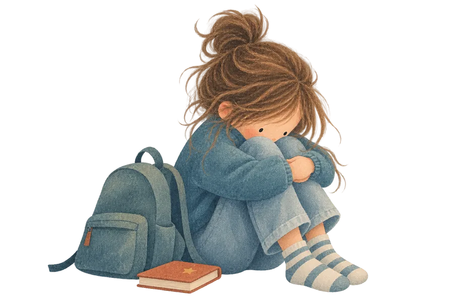 A girl sitting with her head down on her knees, a backpack and a book beside her
