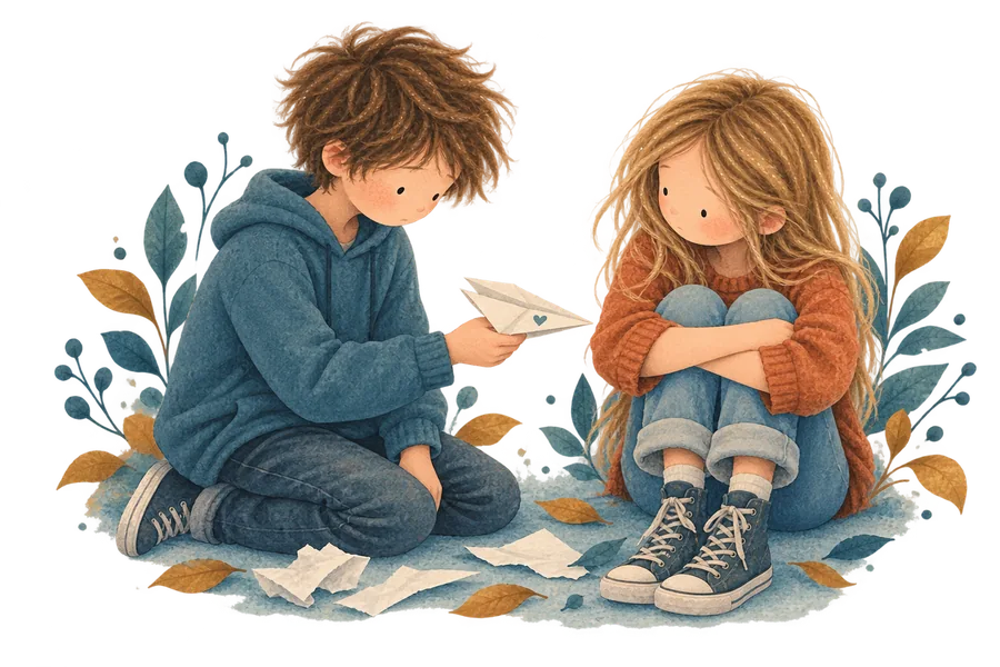 A boy holding out a folded paper note to a girl who is sitting with her arms around her knees