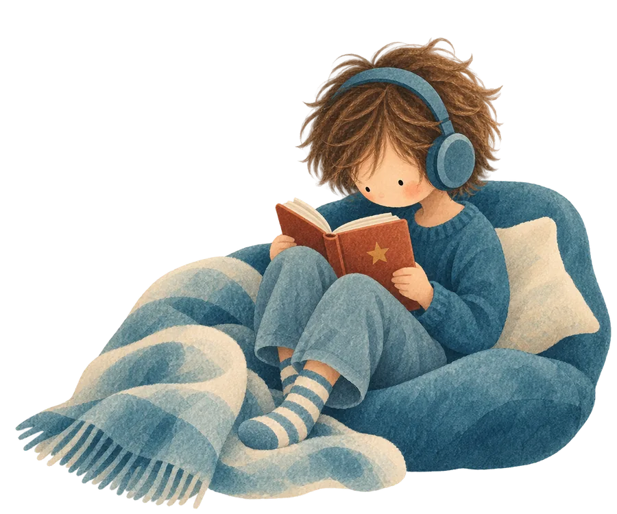 A child wearing headphones reading a book, tucked into a beanbag with a blanket
