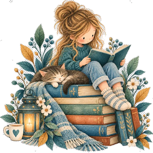 A girl in a jumper reading on a stack of books, with a sleeping cat and a lantern
