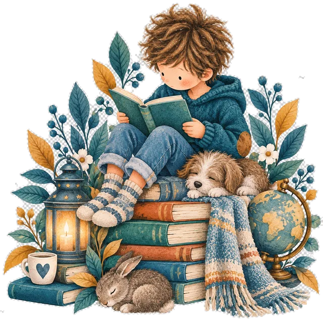 A boy reading on a stack of books, with a sleeping dog, a globe and a rabbit