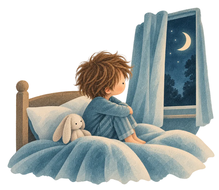 A child sitting up in bed with a soft rabbit, looking out at a crescent moon through the window