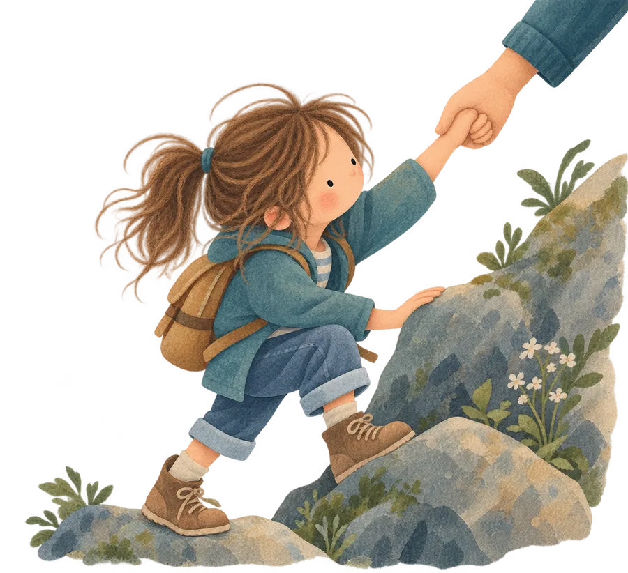 A girl climbing a rock, reaching up to take a grown-up's hand