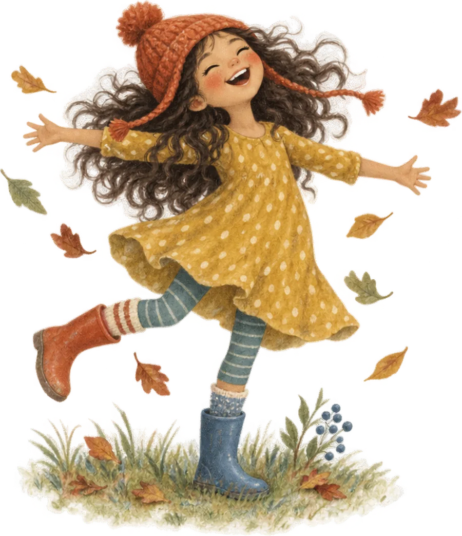 A girl spinning in the falling leaves, laughing, in a bobble hat, spotty dress, striped tights and two odd wellingtons