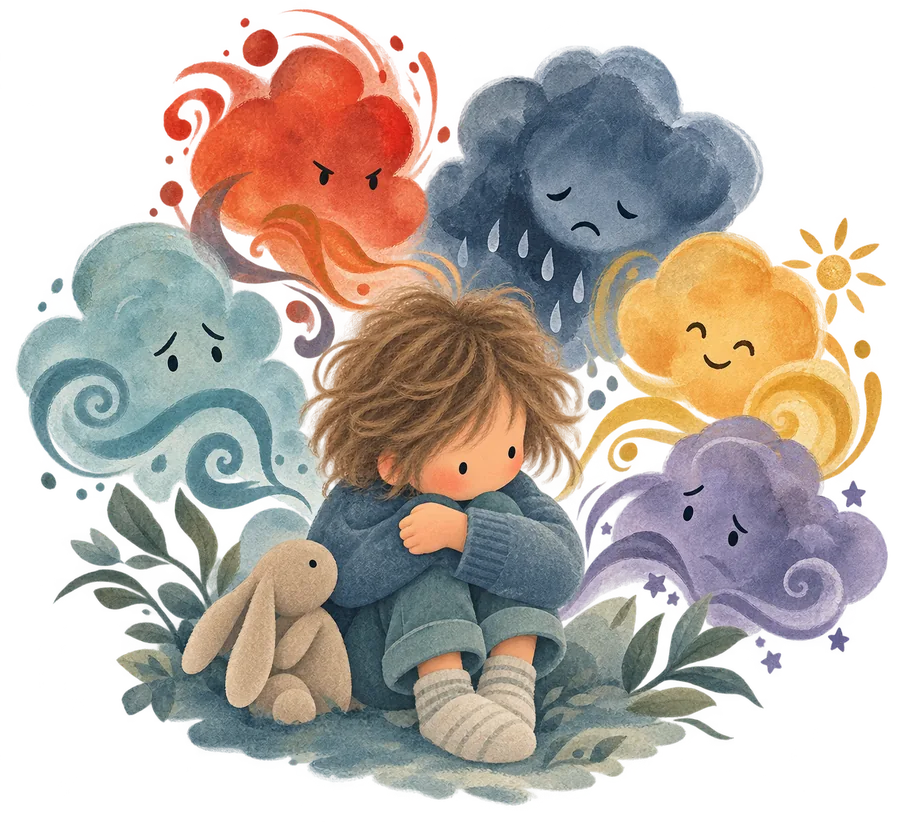 A child sitting with a toy rabbit, surrounded by clouds with faces showing different feelings: angry red, sad blue, worried, happy yellow and a purple one