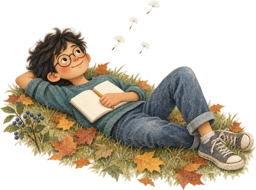 A boy lying back in the autumn leaves with an open notebook on his chest, watching dandelion seeds drift above him