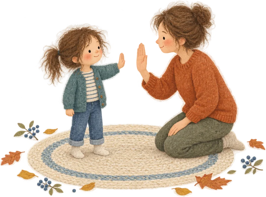 A young child and a grown-up kneeling on a rug, palms raised towards each other without touching