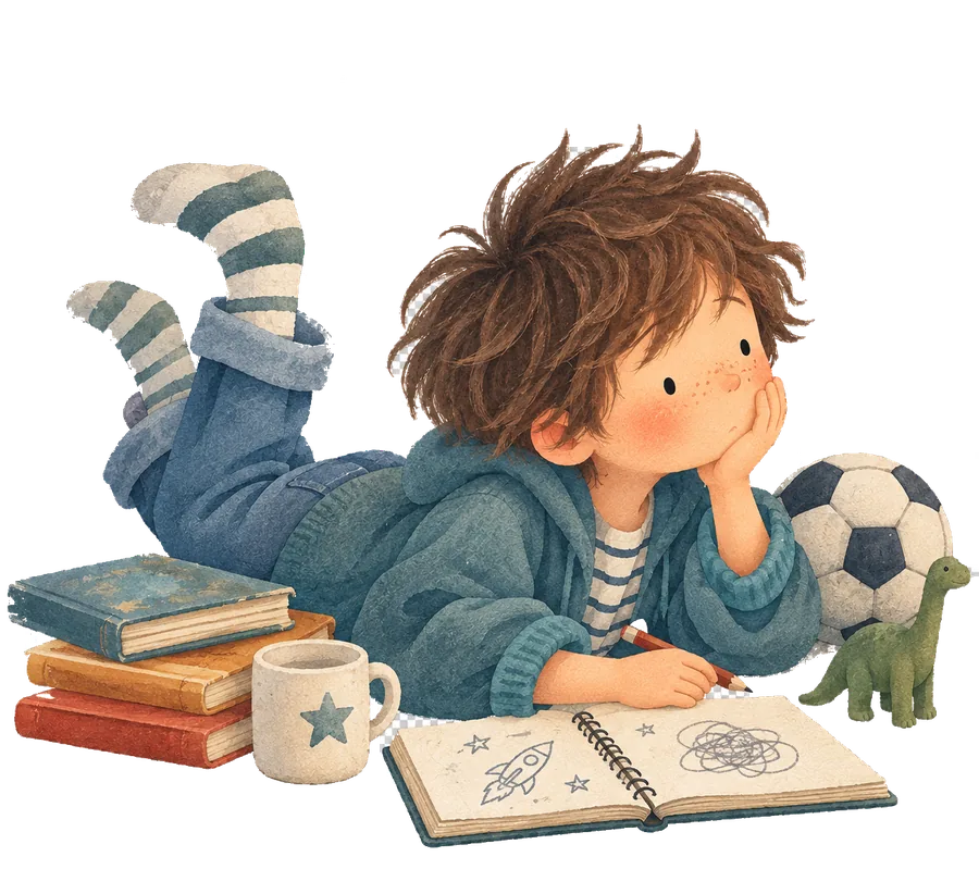 A boy sitting with his chin in his hand beside a dog, a ball and a paper plane looping past