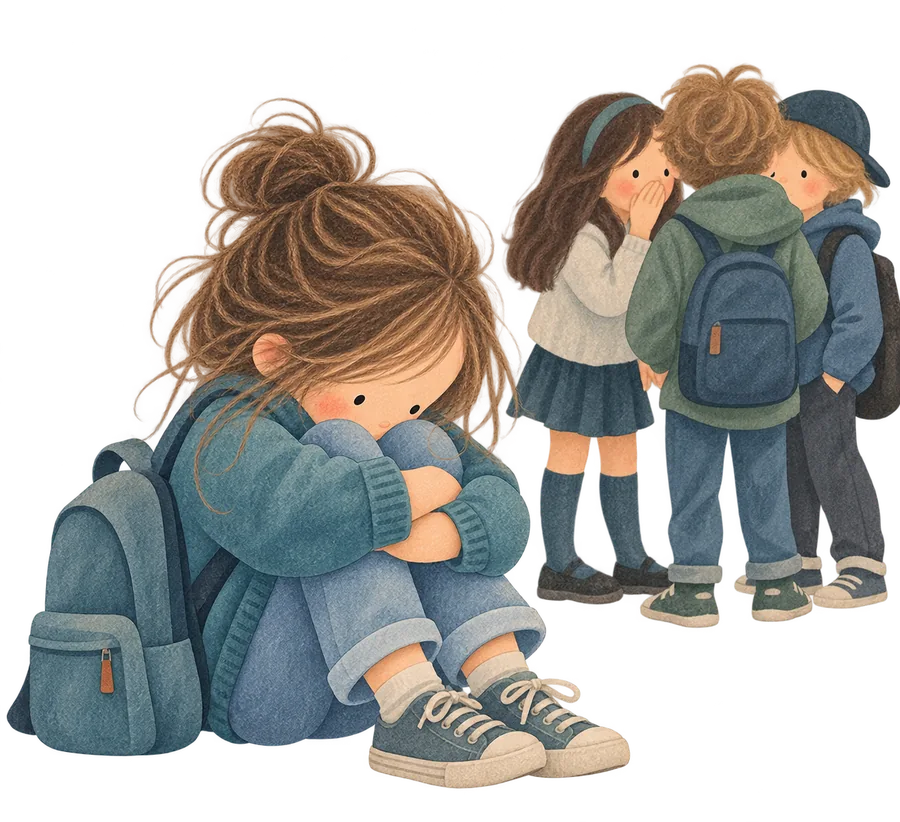 A girl sitting alone with her head on her knees while three children whisper behind her