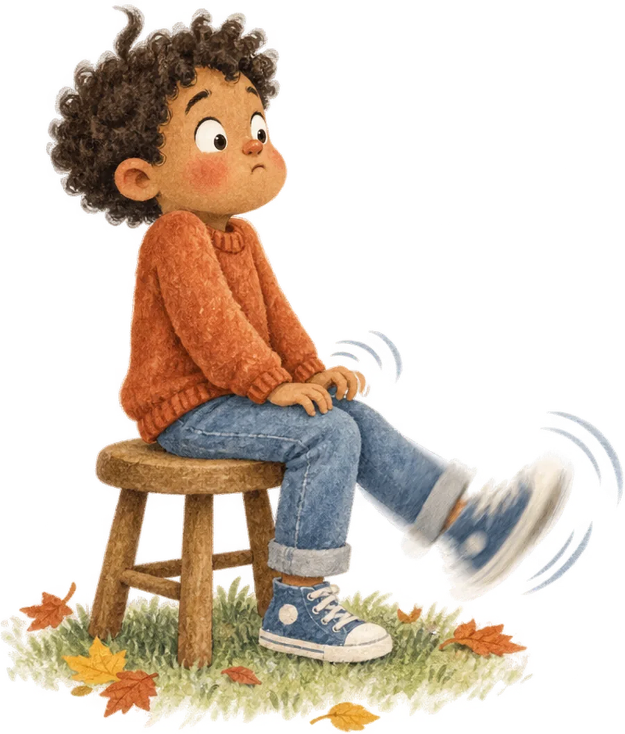 A boy perched on a stool with his hands in his lap, trying to sit still, one leg swinging hard enough to blur