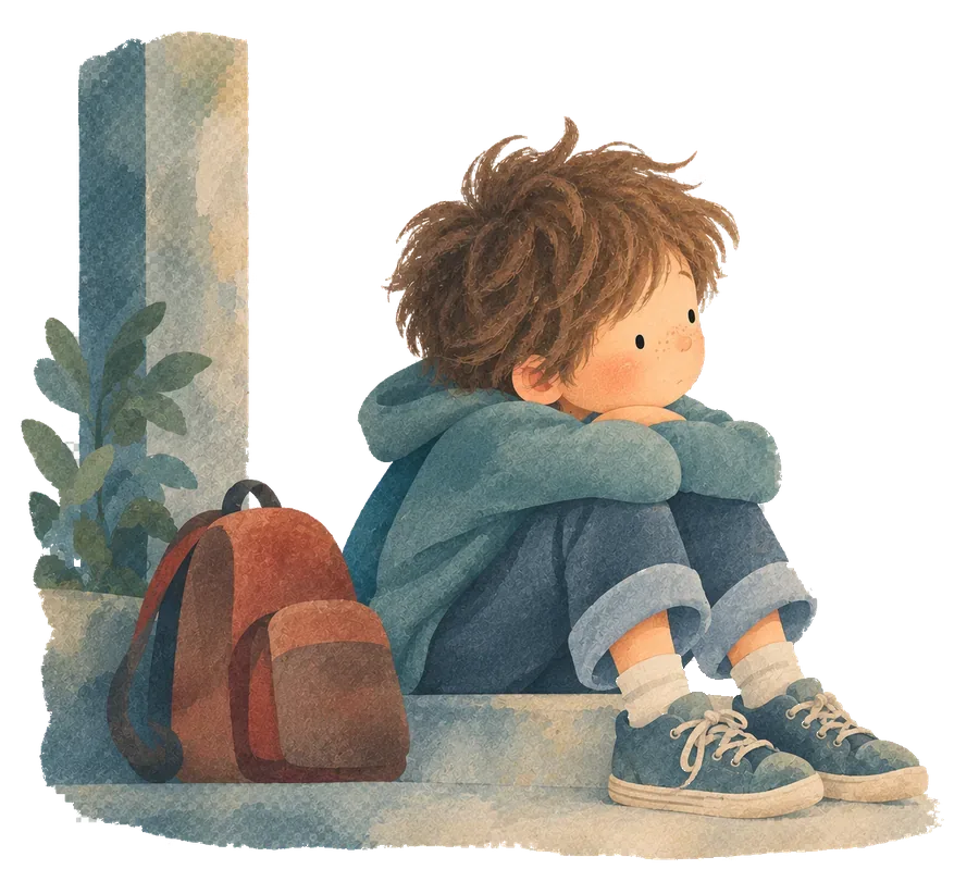 A boy sitting on a step with his backpack beside him, waiting