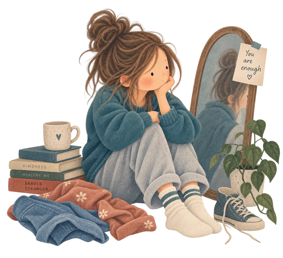 A girl sitting by a mirror with a note saying you are enough, books and clothes around her