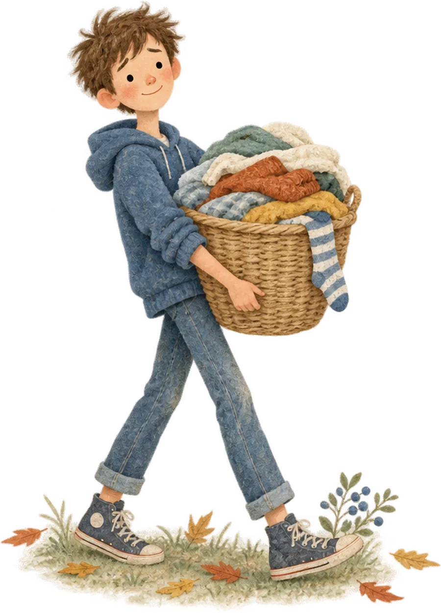 A boy carrying a large wicker basket of folded laundry across the grass