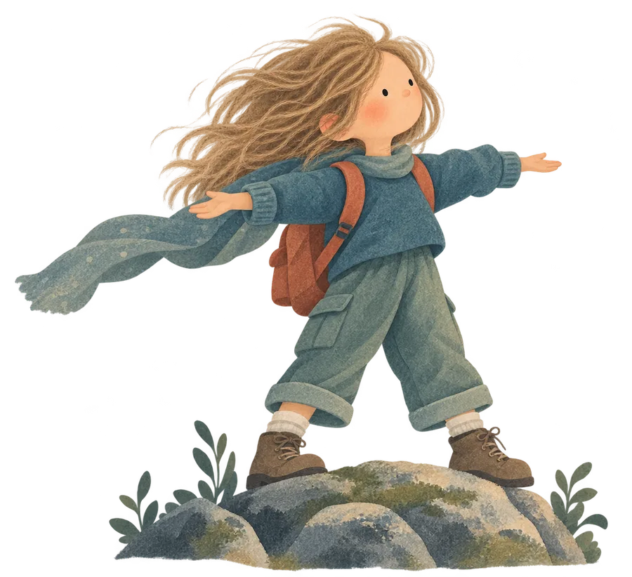 A girl standing on a rock with her arms out and her scarf flying behind her