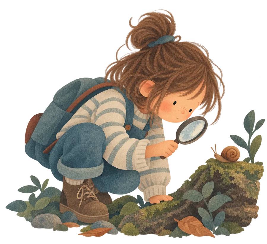 A girl crouching with a magnifying glass to look at a snail on a mossy log