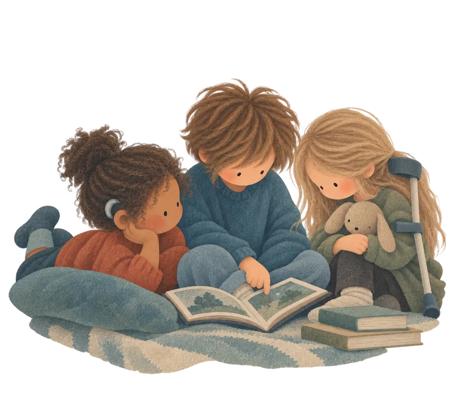 Three children lying on a blanket sharing a picture book, one with a hearing aid and one with a crutch beside her