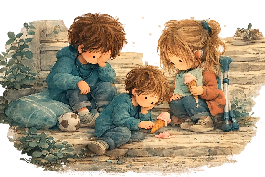 Three children on stone steps, one looking at an ice cream that has fallen on the ground