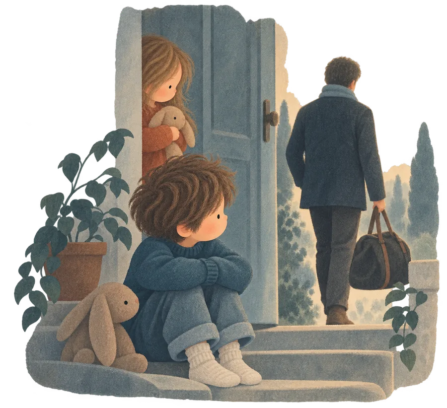 A boy sitting on the front step with his toy rabbit while a man walks away with a bag, and his sister watches from the doorway