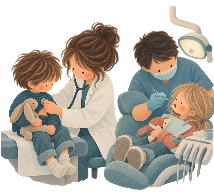 A boy being listened to with a stethoscope, and a girl having her teeth checked in a dentist's chair