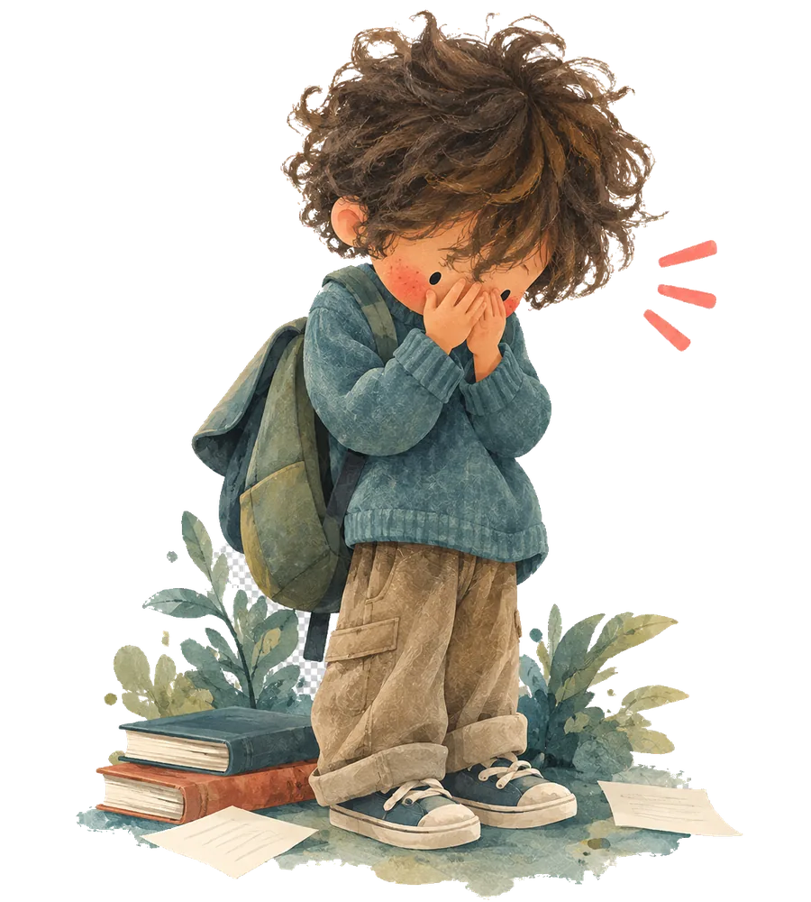 A boy standing with his hands over his face, his bag on his shoulder and papers on the ground around him