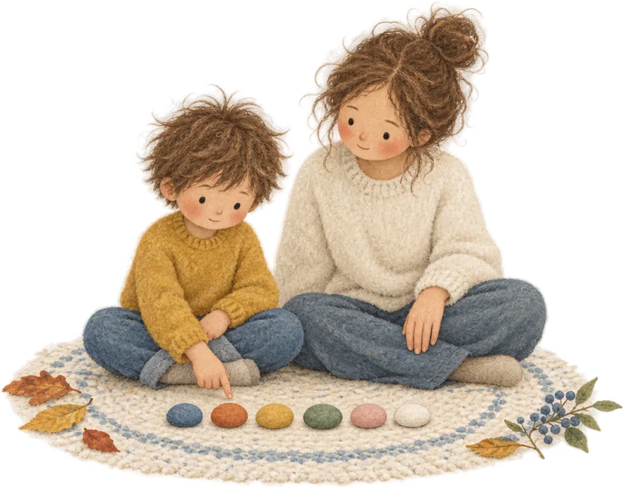 A child and a grown-up sitting together on a rug, looking at a row of coloured pebbles laid out in front of them