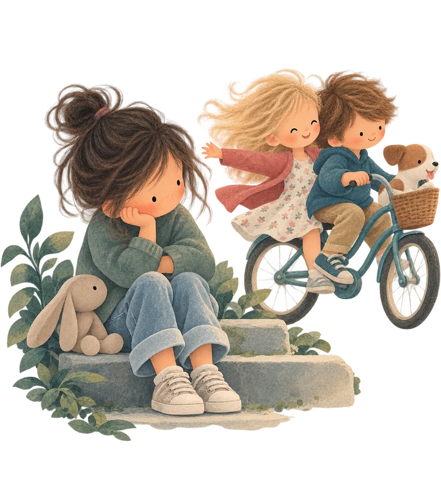 A girl sitting alone on a step with her toy rabbit while two other children ride past on a bicycle