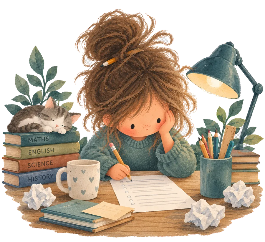 A girl at a desk working through a paper, with school books, a lamp, a sleeping cat and screwed-up sheets around her