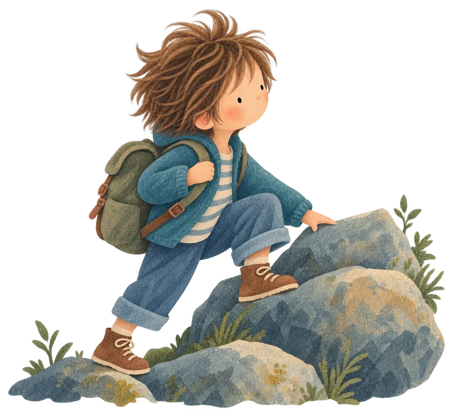A boy with a rucksack climbing up over rocks, looking ahead