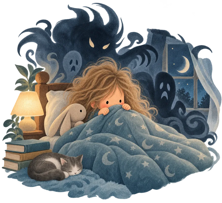 A girl in bed holding the covers up to her eyes with shadowy shapes behind her, a lit lamp and a sleeping cat