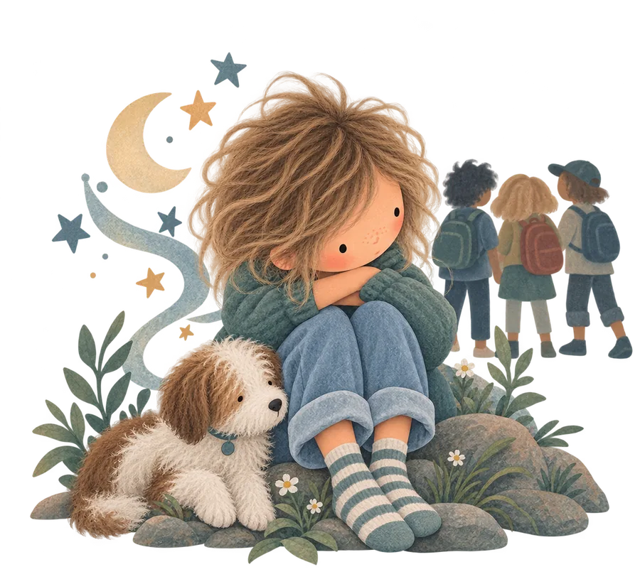A girl sitting with her dog under a moon and stars while three other children stand together nearby