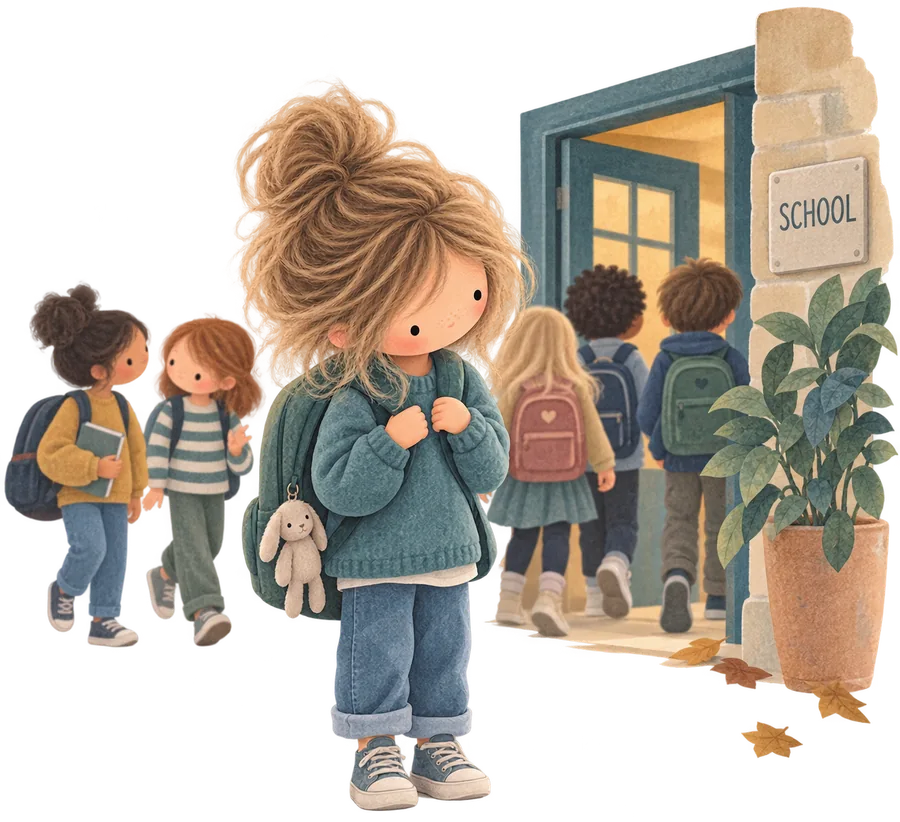 A girl standing still outside the school door with a toy rabbit on her bag while other children go in
