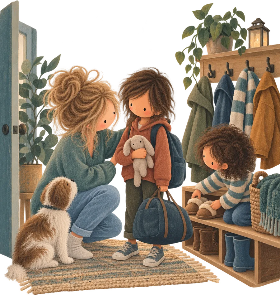A woman crouching to talk to a child holding a bag and a toy rabbit in a hallway, with a dog and a younger child nearby