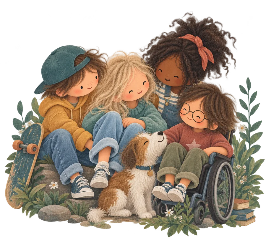 Four children sitting together on a rock with a dog, one in a wheelchair and one with a skateboard