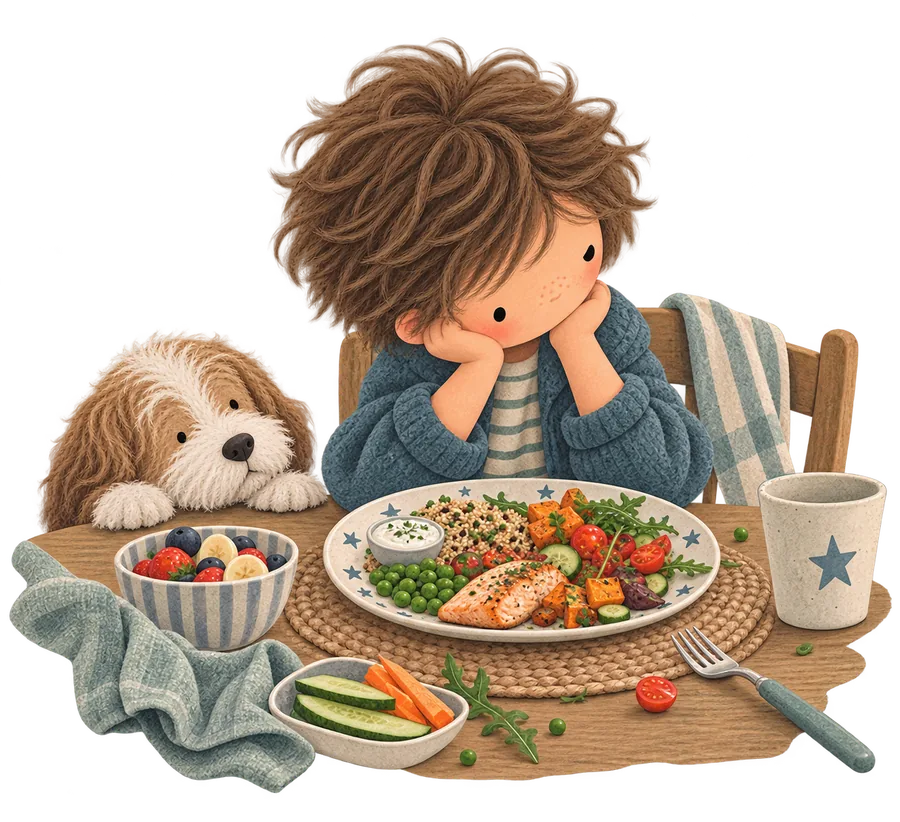 A boy with his chin in his hands looking at a full plate of dinner, with a hopeful dog beside the table