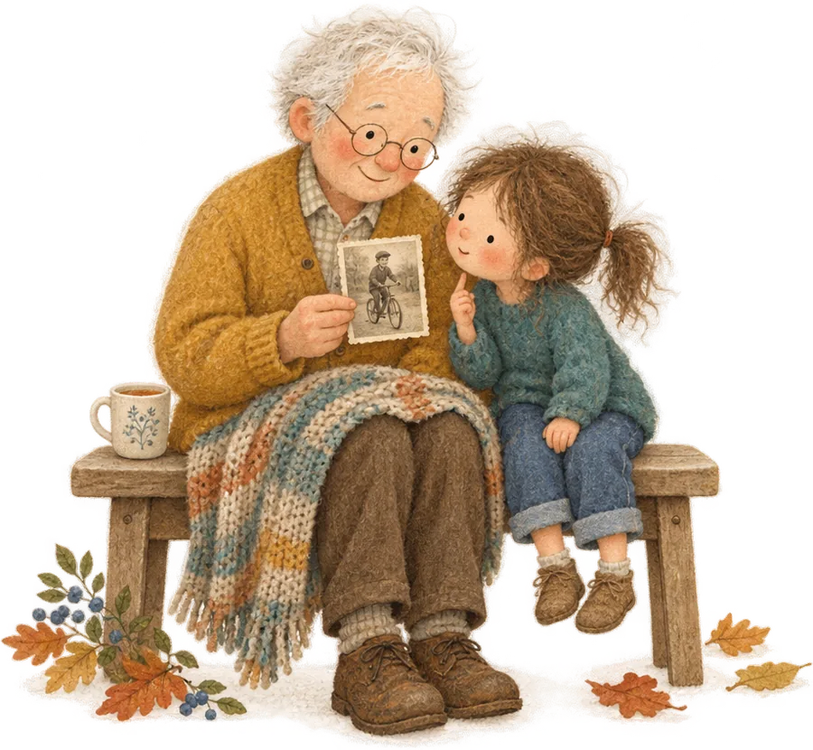 An elderly man and a young girl sitting together on a bench, looking at an old photograph, a mug and a knitted blanket beside them