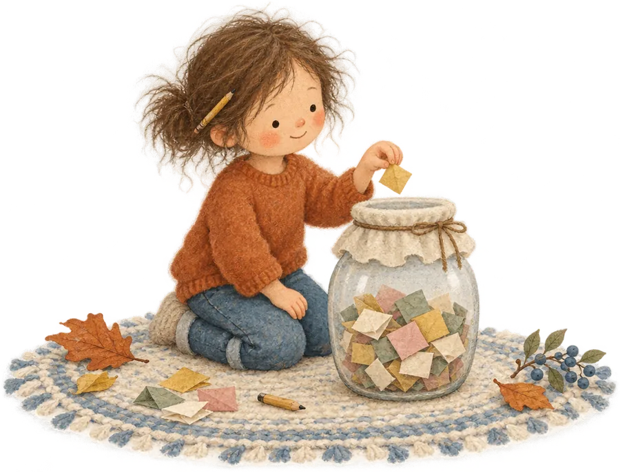 A child kneeling on a rug, dropping a small folded note into a glass jar already full of them