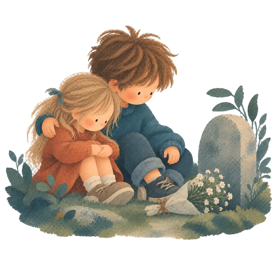 Two children sitting together beside a gravestone with a bunch of flowers