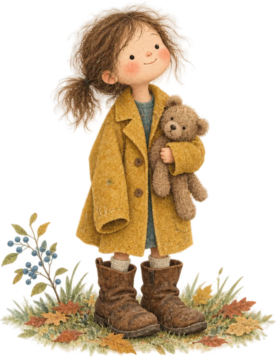 A small girl in a grown-up’s oversized coat and big boots, holding a teddy and looking upwards