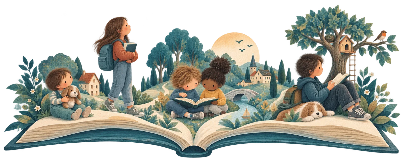 Five children reading on and around a giant open book, with trees, a river, a bridge, a treehouse and a village behind them