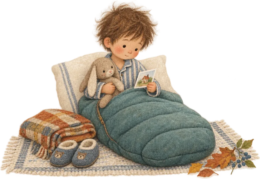 A child in pyjamas sitting up in a sleeping bag with a toy rabbit, looking at a small photograph of a house