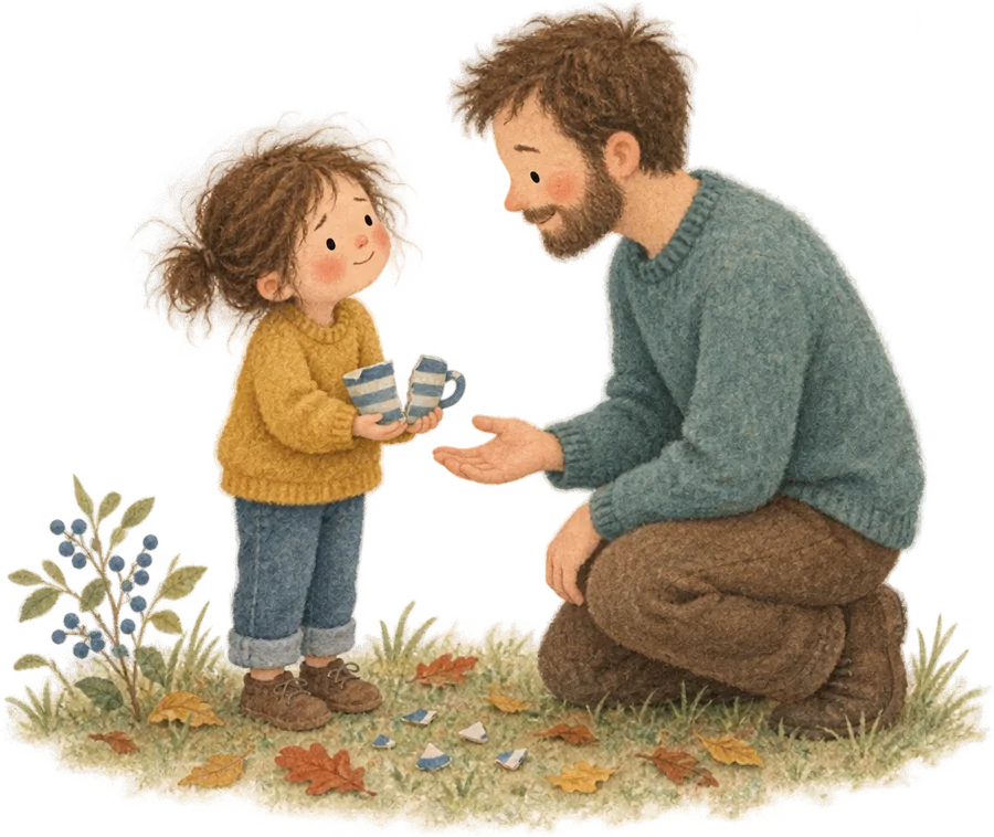 A child holding out a broken striped mug to a kneeling grown-up, the broken pieces on the grass between them