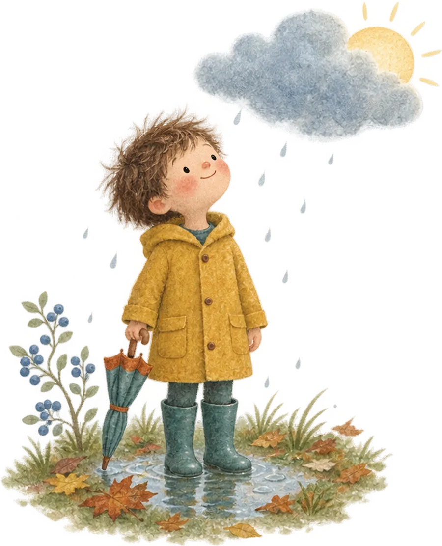 A child in a yellow raincoat and wellingtons standing in a puddle, looking up at a rain cloud with the sun coming out behind it