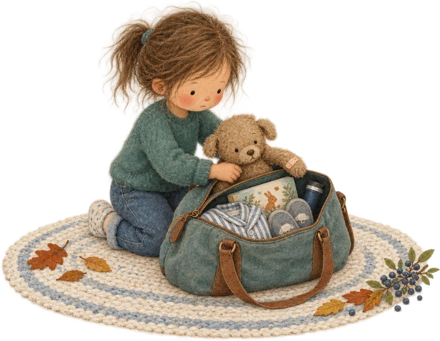 A child kneeling on a rug, packing a teddy with a plaster on its arm into an overnight bag alongside pyjamas and slippers