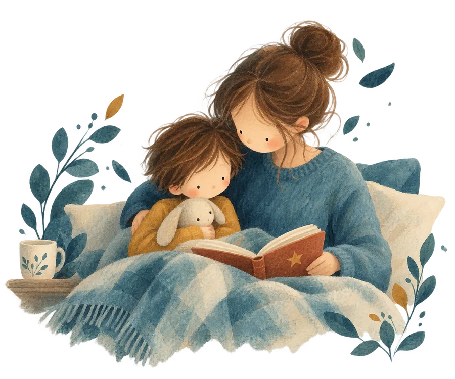 A mother and child reading a book together under a blanket, with a mug on a side table