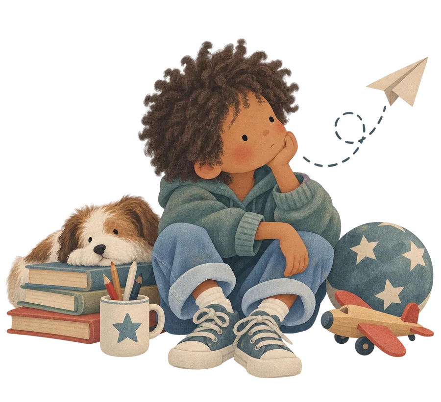 A boy lying on the floor drawing a rocket in a notebook, with a football and a toy dinosaur
