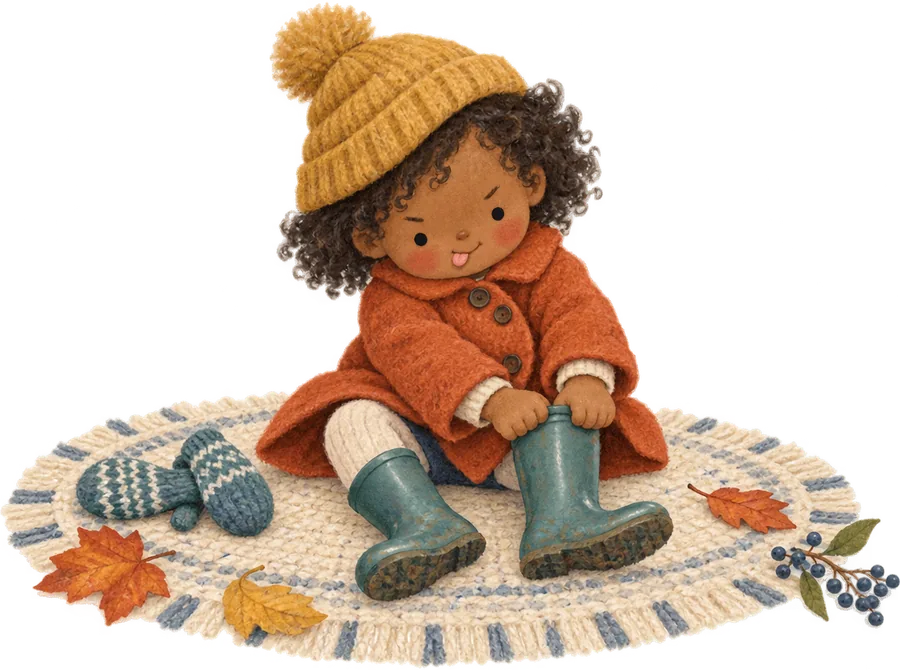 A small child in a bobble hat and red coat sitting on a rug, pulling on their own wellington boots, with mittens beside them
