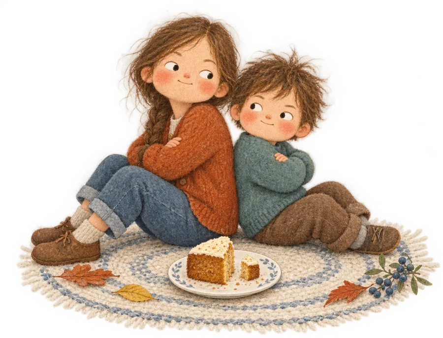 Two children sitting back to back on a rug with their arms folded, a slice of cake on a plate in front of them with a piece cut off